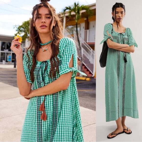 Free People Dresses & Skirts - Free People Bohemian Embroidered Gingham Seersucker Cass Maxi Dress Green Small